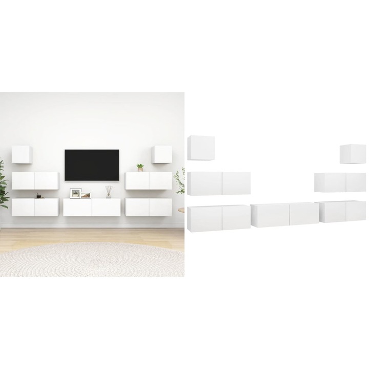 Set dulapuri TV, 7 piese, alb, lemn prelucrat