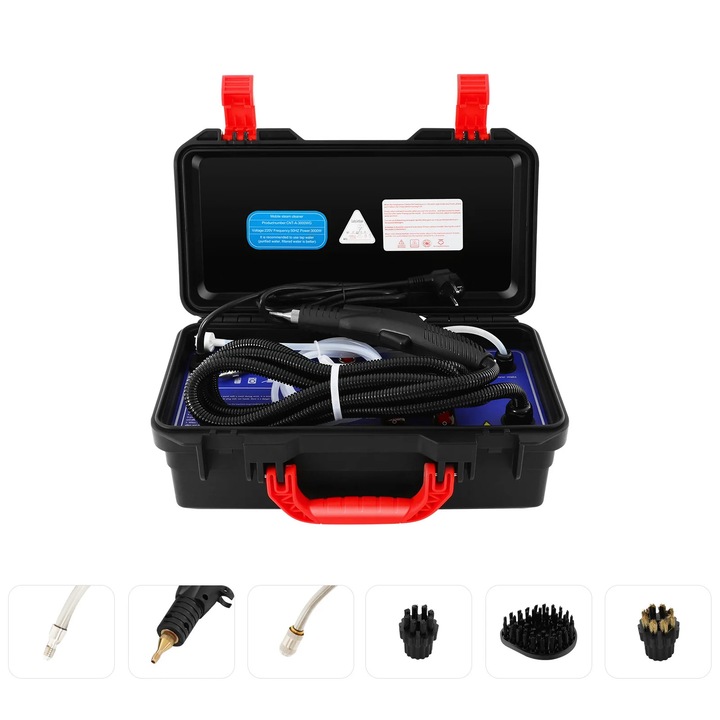 Aparat de curatat cu abur, Masina de curatare cu abur cu pistol de pulverizare electric, 3000 W, 0, 2–2, 8 l/min, 60–70 °C, Stecher EU, ABS/inox, Negru