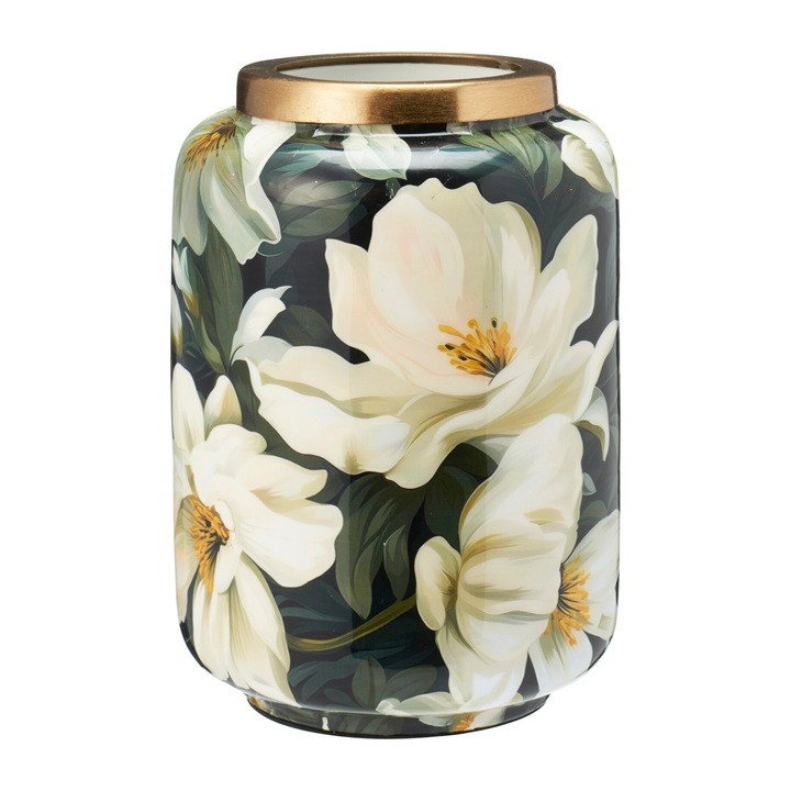 Vaza metalica Koopman cu print floral, verde-auriu, 150x150x20.5mm