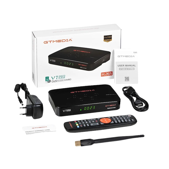 Receiver satelit HD, GTMEDIA V7 PRO, suport multi-format, conectivitate USB, 1080P, priza EU