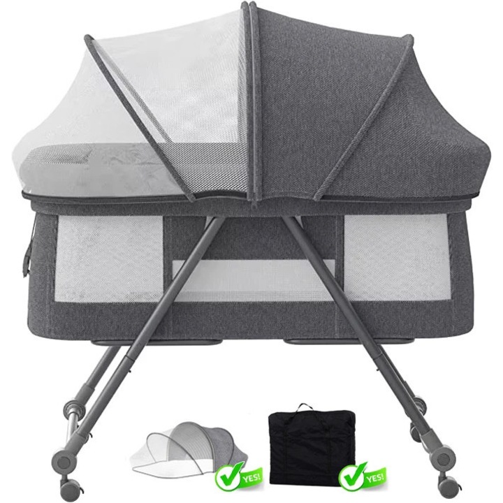 Pat pliant pentru bebelusi, Bravo Comfort patut atasabil, Cu saltea, Roti silentioase, Mod leganare, Pliabil, Pentru 1–2 ani, Gri