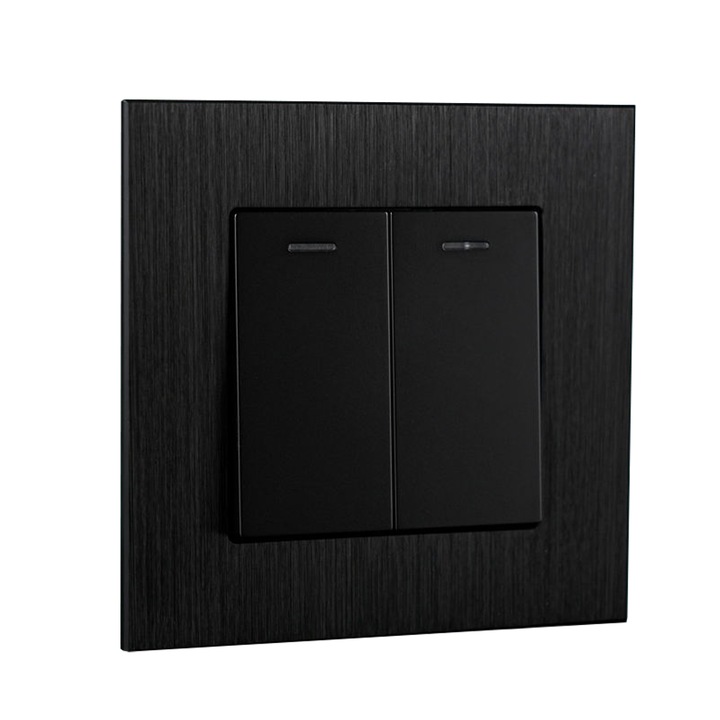 Intrerupator dublu 1 cale, design european, panou aluminiu brushed negru, LED indicator, 86x86 mm, montaj ingropat, doza Ø60 inclusa