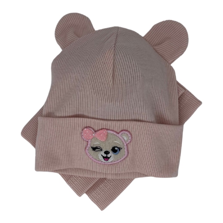 Комплект шапка и яка за деца, PanPan, памук, с мечешки уши, сьомга, 46см