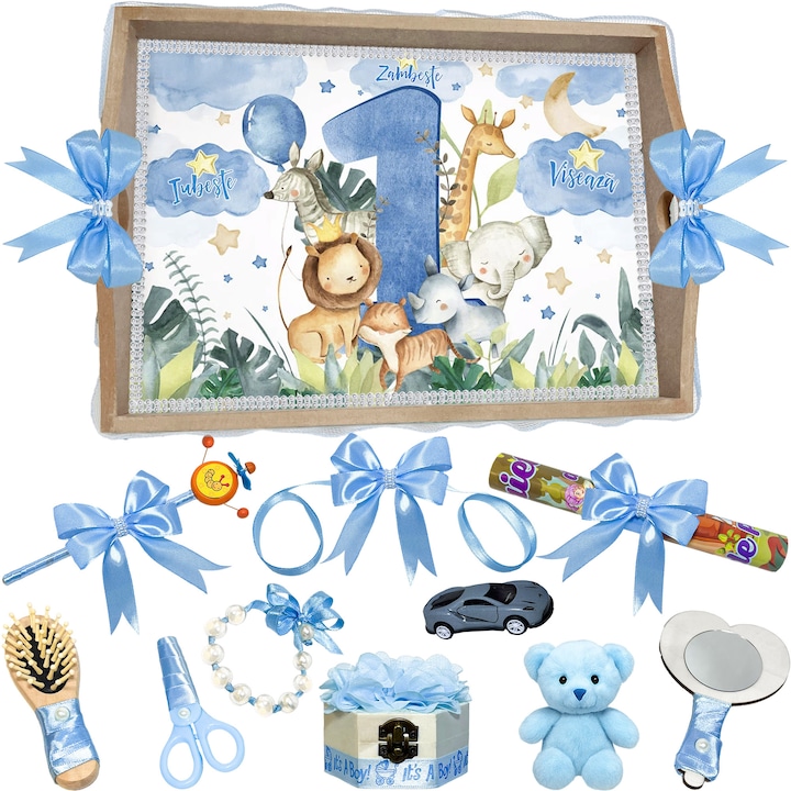 Set Tava pentru Taiere Mot si Rupere Turta Complet cu Accesorii Lorebebe pentru baieti, 11 Piese, Tavita Mot, Model Dragostea Animalutelor, 32x24 cm, Prima Aniversare Un An, Cadou Un An, Albastru