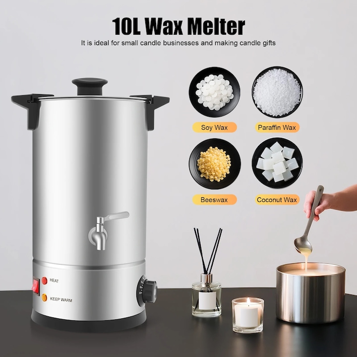 Topitor de ceara, Oala de topire, Otel inoxidabil 304, Capacitate 10, 4 l, Rezistent la caldura, Pentru productie in masa de lumanari