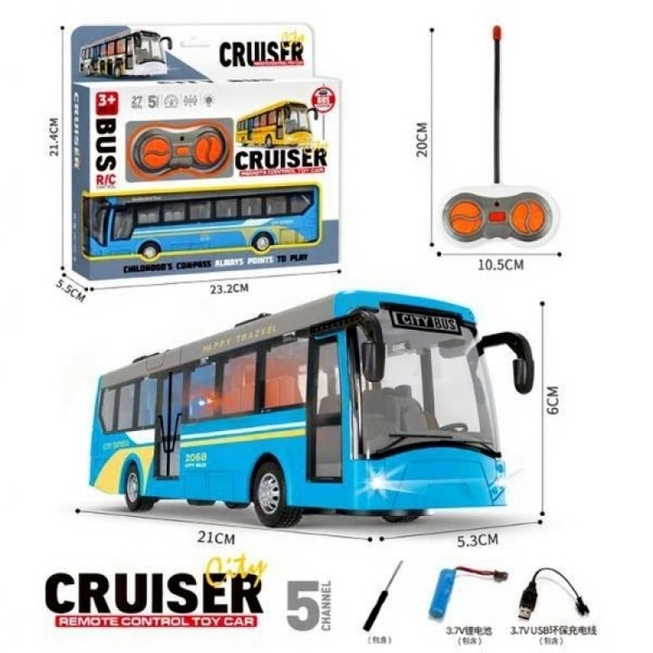 Autobuz cu telecomanda, 5 functii, lumini, incarcare USB, 21 cm, albastru