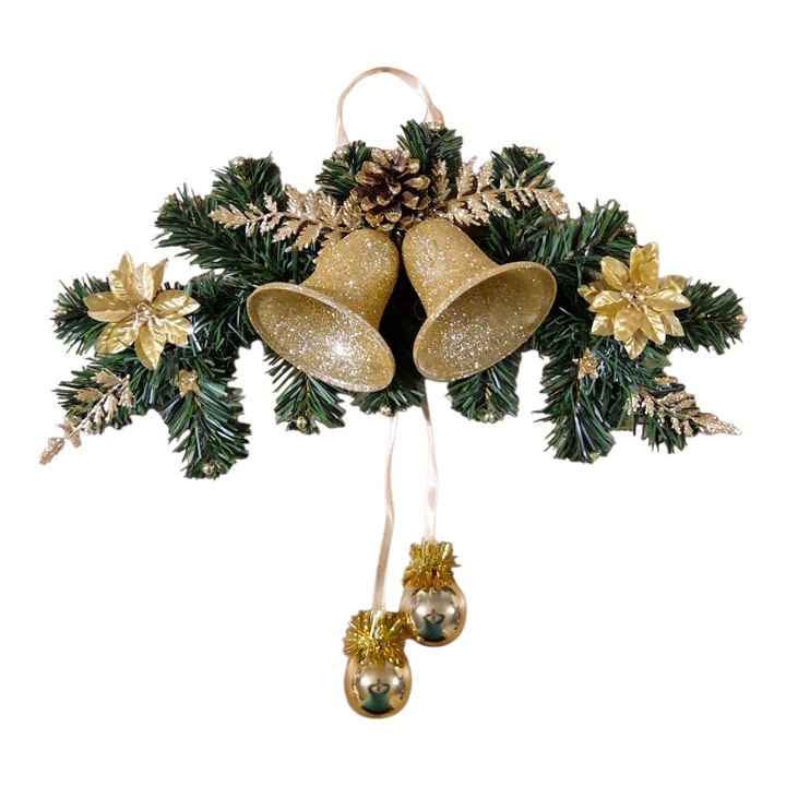 Coronita de Craciun NeliNo, 30 cm, zloty, cu clopotei, 39x10cm