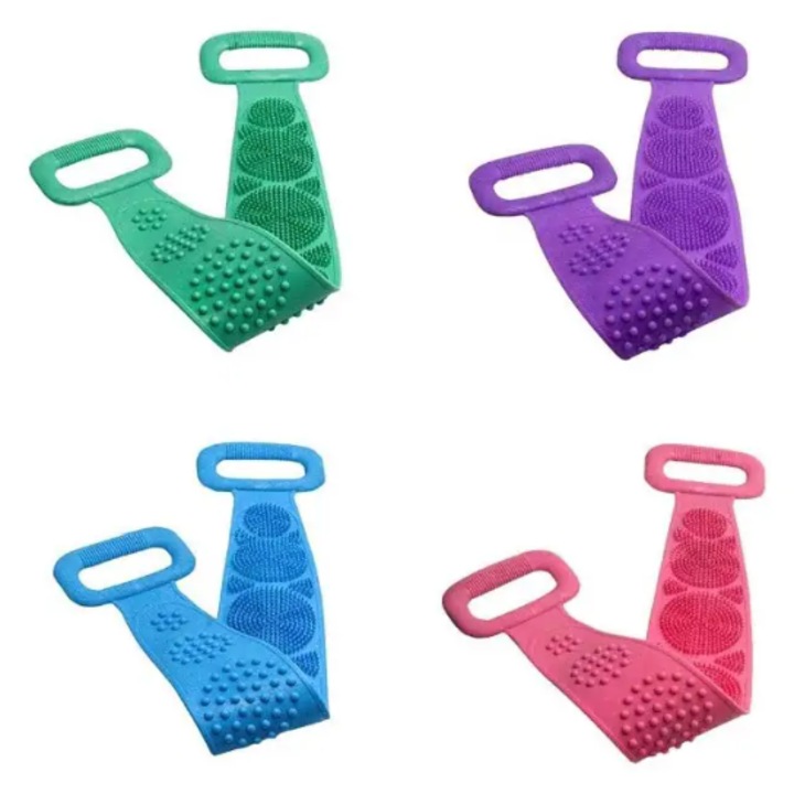 Комплект от 4 гъби за баня KINGON, За измиване на тялото и ексфолиране на кожата, Slim body, Двустранна лента с набраздена повърхност, FAMILY-PACK, Масажна четка, За измиване на гърба, 65 x 10 см, Премиум силикон, 4 цвята