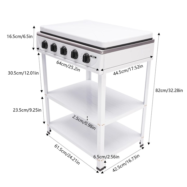 Aragaz pe gaz cu 5 arzatoare, plita portabila pe gaz natural, 2, 5 kW pe arzator, cadru din fier emailat, aprindere inclusa, pentru camping si exterior, alb