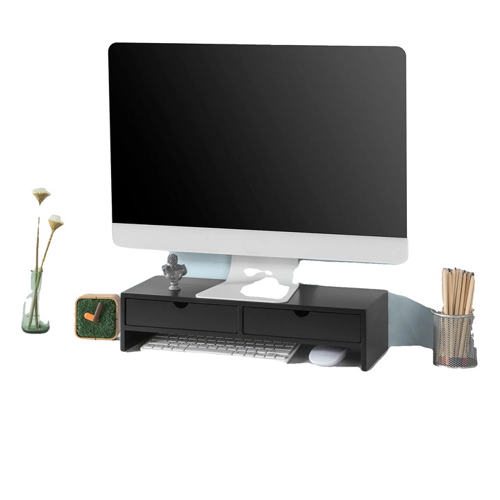 Suport monitor, design ergonomic, stocare compacta, negru, 47x11x18cm