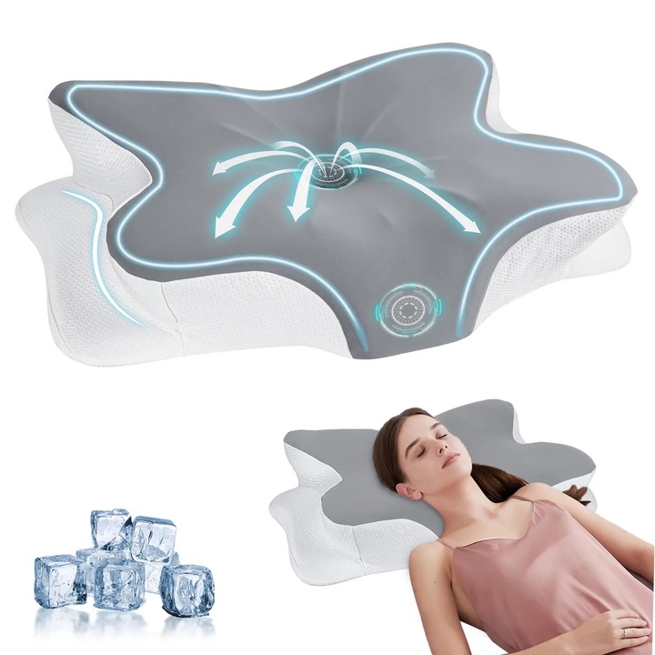 Perna cervicala ergonomica, Perna ortopedica din spuma cu memorie, Forma fluture, Efect racoritor, Suport cervical pentru ameliorarea durerii, Poliester/Bumbac, Verde