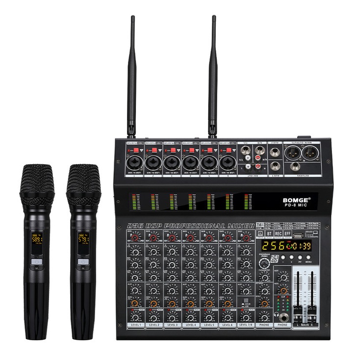 Mixer audio digital Profesional BOMGE 8 canale cu Amplificare, cu 2 Microfon wireless, 256 efecte DSP, Bluetooth, alimentare 48V, 2 x 350 W, XLR out, Inerface audio USB, Placa de sunet, Potrivit pentru petreceri profesionale de inregistrare, KTV si scena