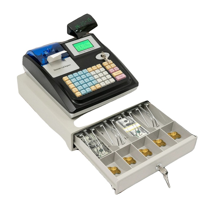 Registru de casa electronic, 48 taste, cablu de alimentare 4.92 ft, exterior din plastic durabil, comutator de urgenta, picioare anti-derapante