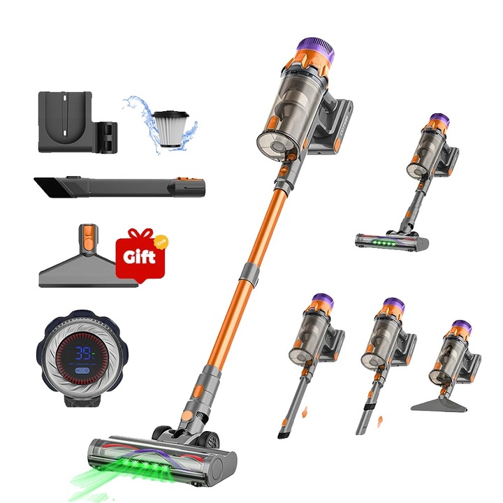 Aspirator fara fir, putere de aspiratie 650W, filtrare HEPA, auriu, 26x29x115cm