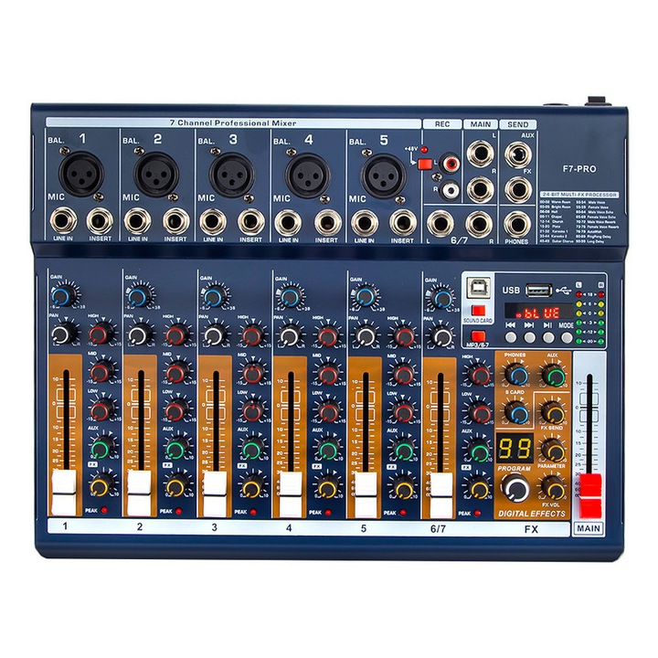 Миксер аудио 7 канала Професионален BOMGE F7-PRO, 99 DSP ефекта, с порт за свързване на мобилен телефон Android, 3-лентов еквалайзер, Bluetooth, USB запис и възпроизвеждане, с аудио интерфейс, звукова карта, фантомно захранване 48 V, PC връзка, син