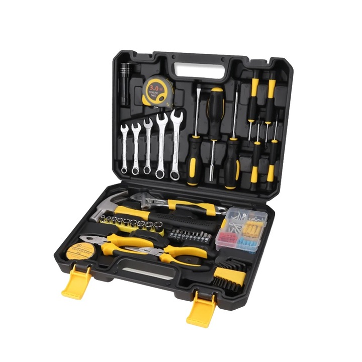 Set de unelte 88 piese, constructie din otel forjat, maner cu prindere moale, cutie de transport compacta