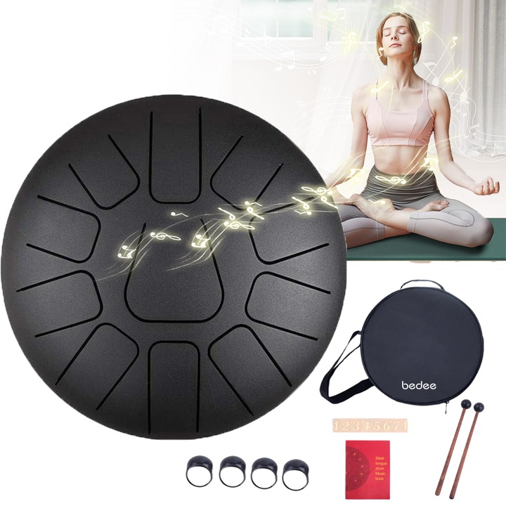 Стоманен езиков барабан, Bedee®, комплект от 13 перкусионни инструмента, стабилен тон, 11 тона, 10 инча, Красиво проектиран, За музикално образование, йога, медитация и др., С чанта за съхранение, палки и английски ноти, Черен