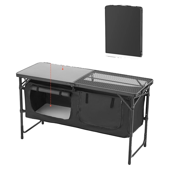 Masa de camping, design usor, inaltime ajustabila, neagra, dimensiuni compacte