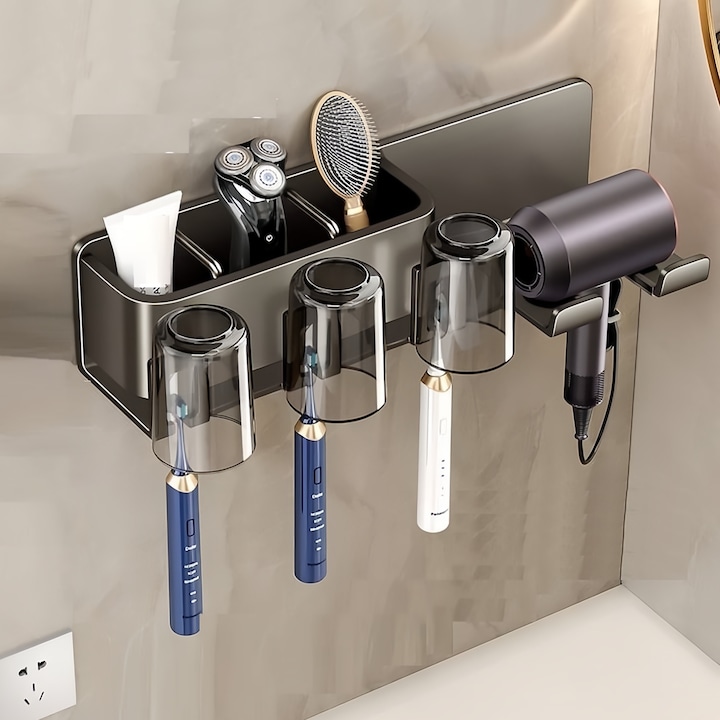 Алуминиева стойка за четки за зъби без пробиване (за 3 човека), с държач за сешоар и 3 чаши, органайзер „всичко в едно“ за баня, многофункционален метален сив