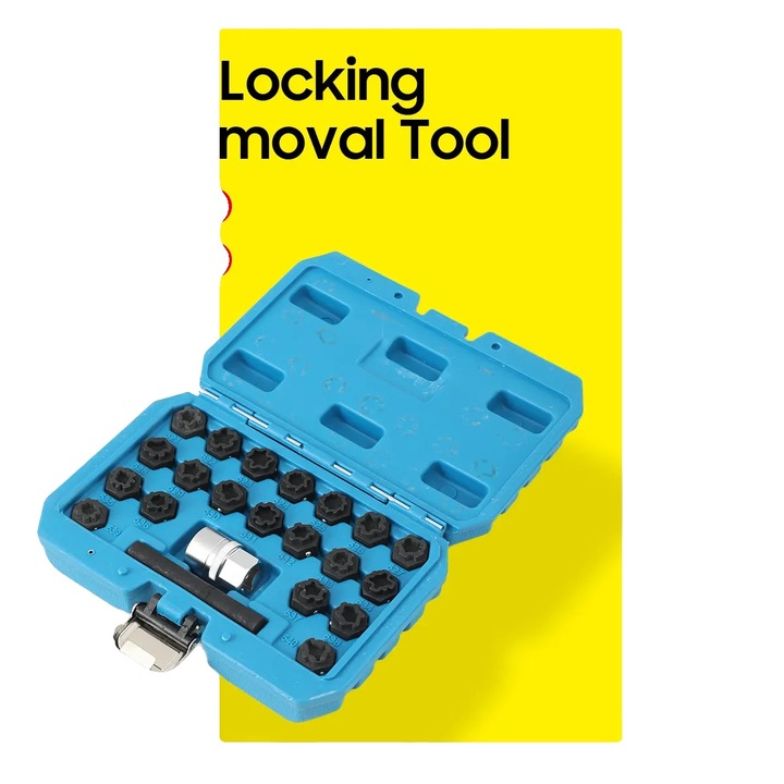 Set de chei pentru demontare piulite roti, 22 piese, dimensiuni variate 041-060, include adaptor 1/2", unealta de lovire, otel aliat durabil