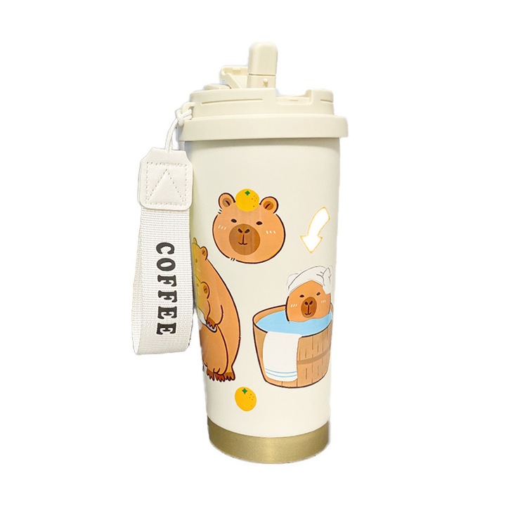 Cana termica cu capac si pai, 500ml, dublu perete, inox cu acoperire ceramica, design rezistent la scurgeri, pentru birou, scoala, petreceri, camping