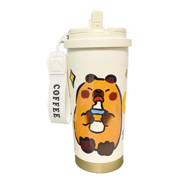 Cana termica cu capac si pai, 500ml, dublu perete, inox cu acoperire ceramica, design rezistent la scurgeri, pentru birou, scoala, petreceri, camping