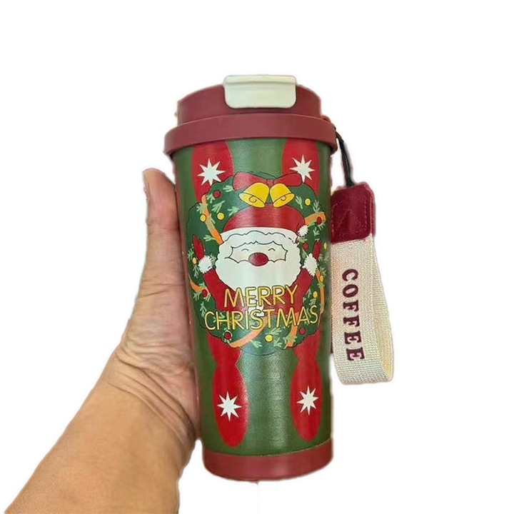 Cana termica cu capac si pai, 500ml, dublu perete, inox cu acoperire ceramica, design rezistent la scurgeri, pentru birou si calatorii