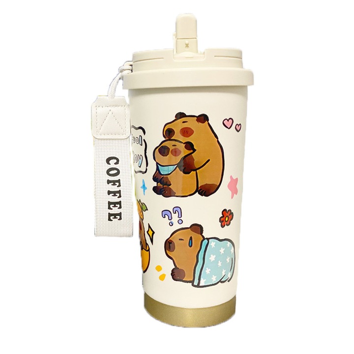 Cana termica cu capac si pai, 500ml, dublu perete, inox, design rezistent la scurgeri, potrivita pentru birou, scoala, petreceri, camping