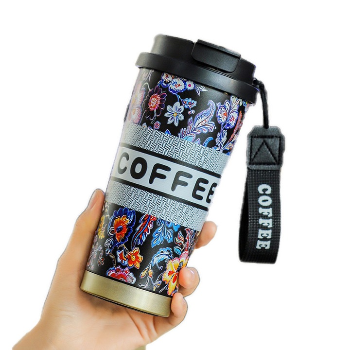 Cana termica cu capac si pai, 500ml, dublu perete, inox cu acoperire ceramica, design rezistent la scurgeri, pentru birou si camping