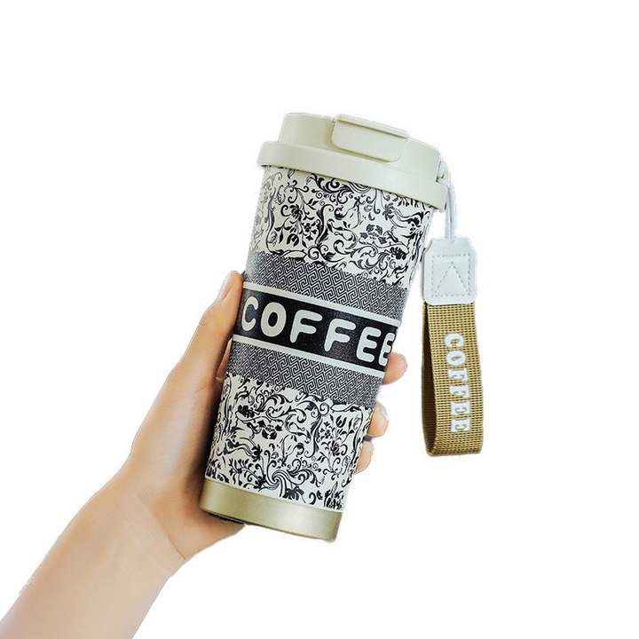 Cana termica cu capac si pai, 500ml, dublu perete, inox cu acoperire ceramica, design rezistent la scurgeri, pentru birou si calatorii