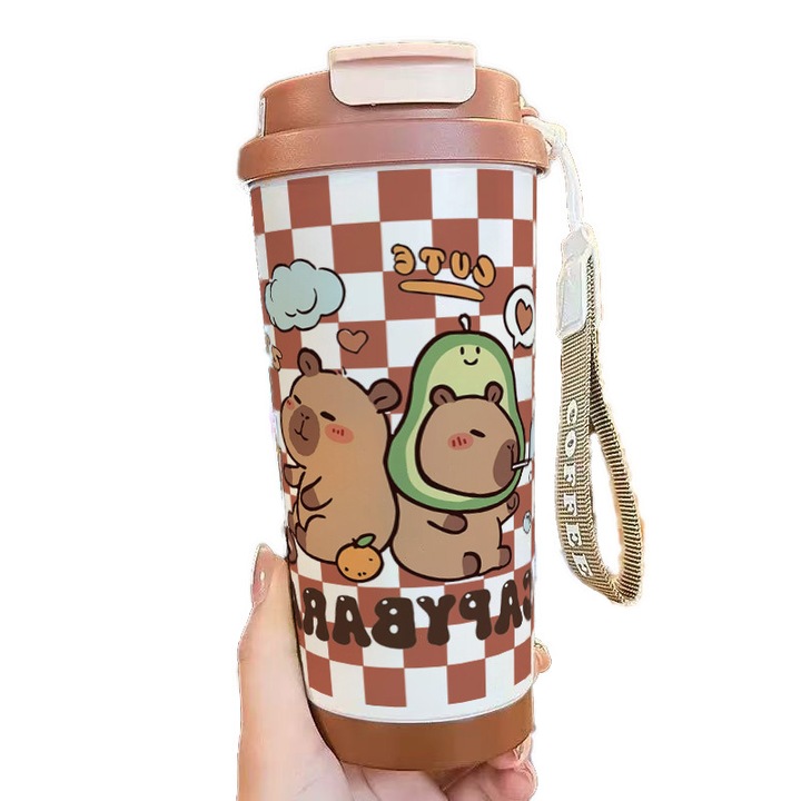 Cana termica cu pai si capac, 500ml, dublu perete, inox cu acoperire ceramica, design rezistent la scurgeri, pentru birou, scoala, petreceri, camping