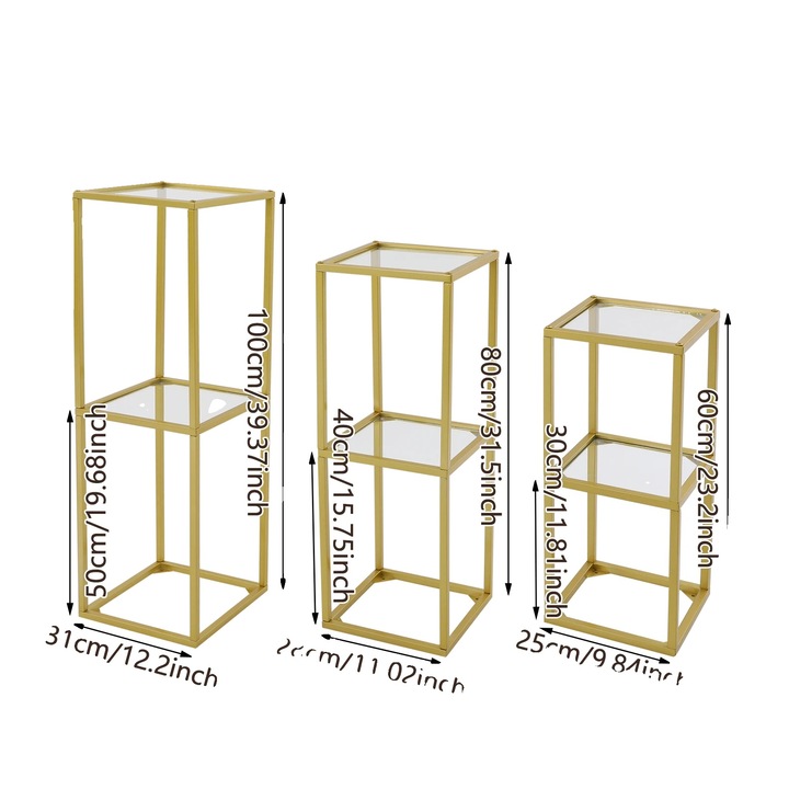 Suport flori, design elegant, 3 piese, aur, dimensiuni multiple