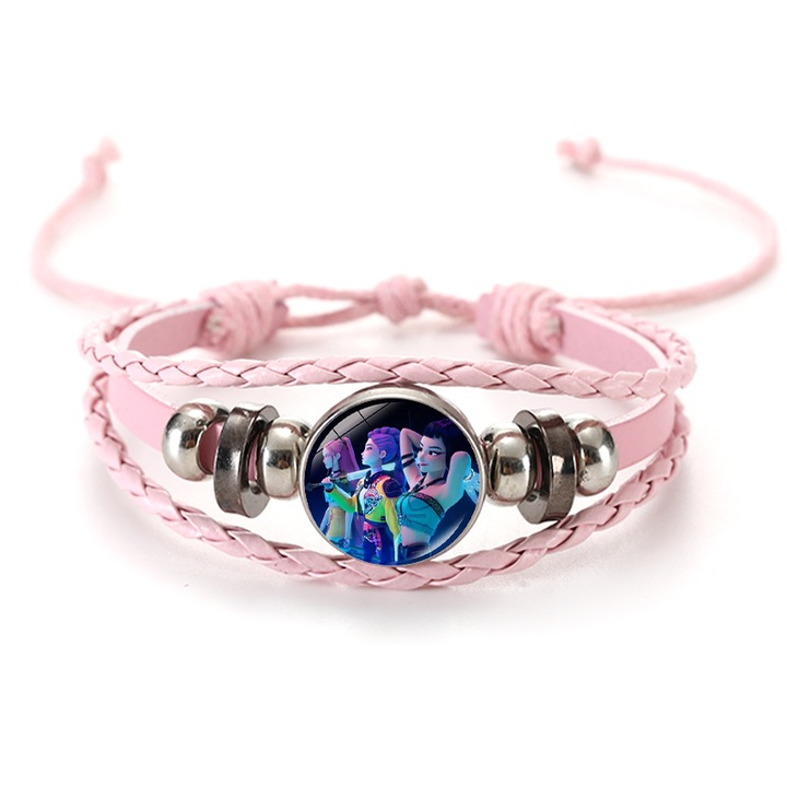 Bratara ajustabila din piele, bratara impletita, roz