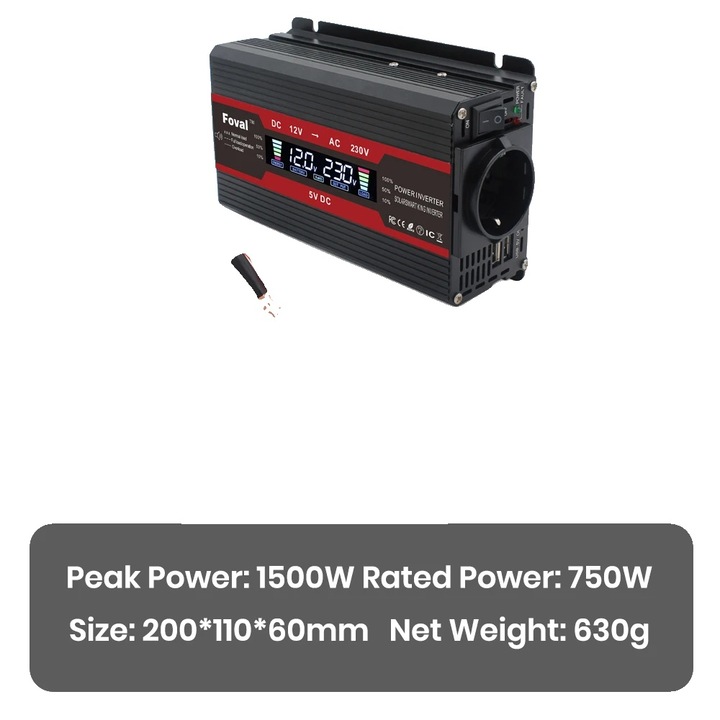 Inverter auto 1500W, protectii de siguranta, design compact, 12V, negru