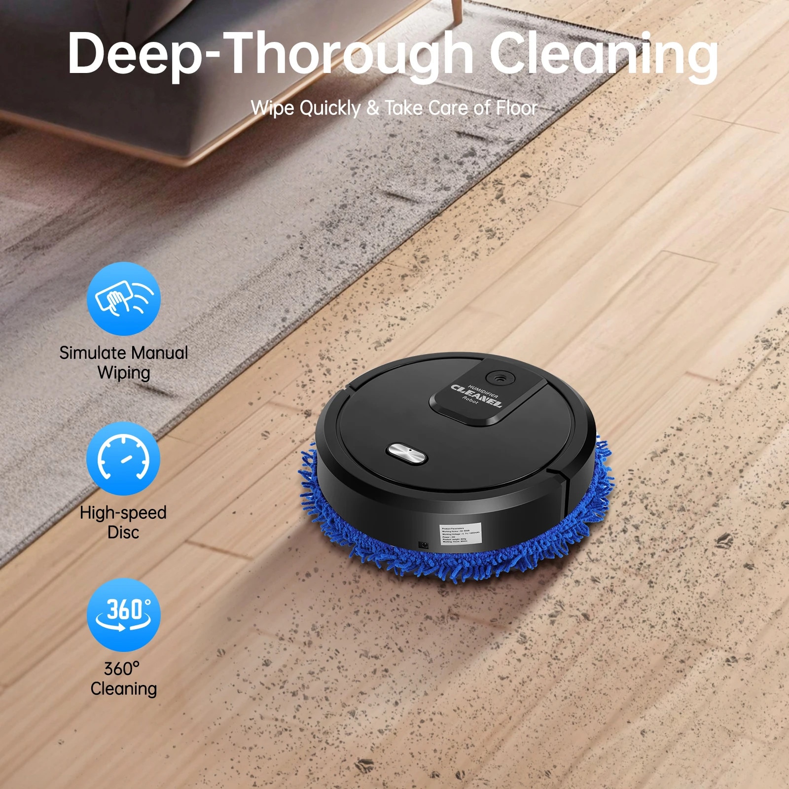 Robot aspirator cu mop, Robot de spalare si aspirare, Umed si uscat, Incarcare USB, 1200 mAh, 60 min, 60 dB, 60 m², Negru