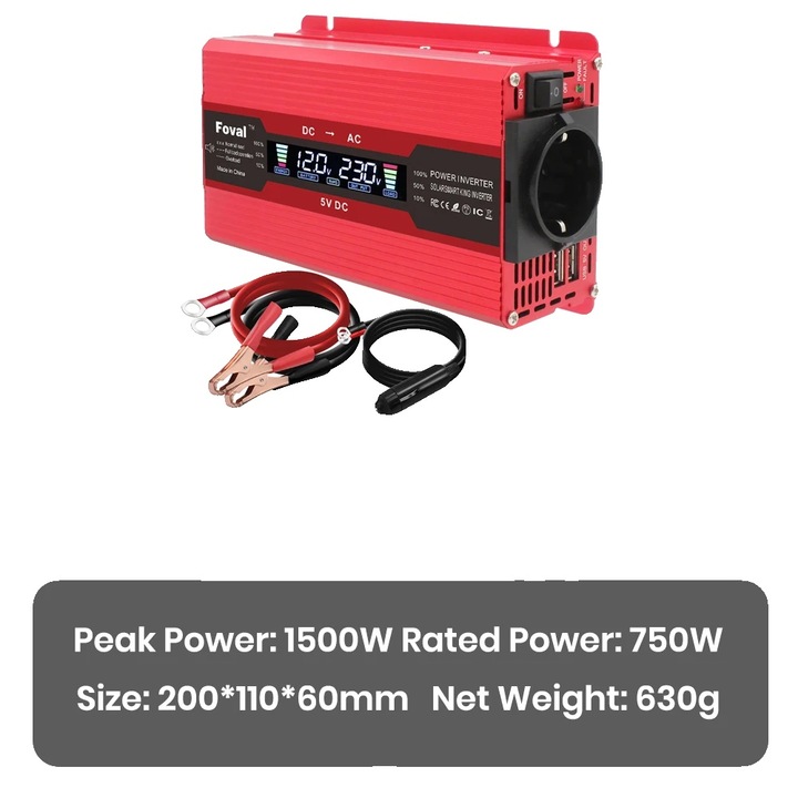 Invertor auto 1500W, rosu, dimensiuni 210x110x60mm, eficienta mare de conversie