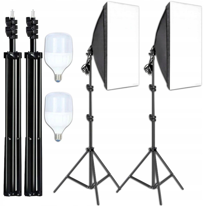 Set 2 softbox-uri profesionale cu lumina continua, 5500K, becuri 30W, trepiede reglabile 95–200 cm, difuzor textil, aluminiu si ABS, negru – iluminare uniforma si naturala pentru fotografie si video