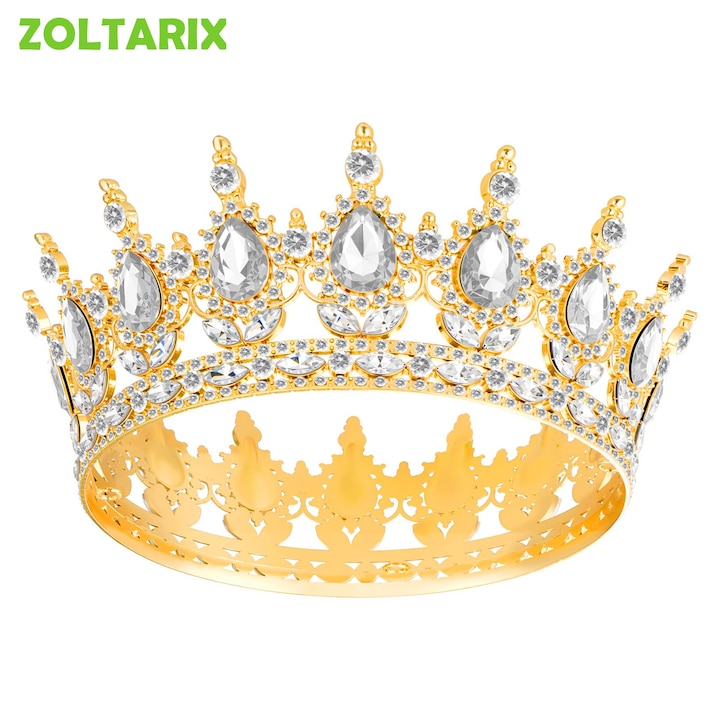 Topper Tort Coroana Regina, ZOLTARIX, strasuri, auriu/alb, 5,5x12,5cm