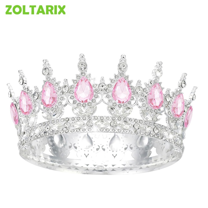 Топпер за торта Корона със скъпоценни камъни, ZOLTARIX, декорация за торта, Кристали с кралска корона, Сватбени корони и диадеми, Аксесоари за коса за костюмирани партита, Корона за рожден ден, Коледно парти, Сребристо/Розово