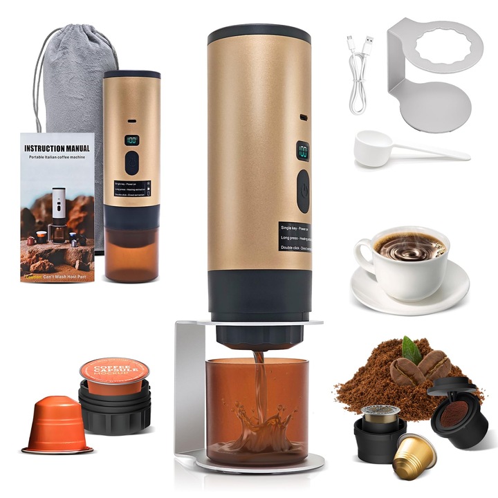 Cafetieră portabilă RoserRose, wireless, cu autoincălzire, auriu, 7800mAh