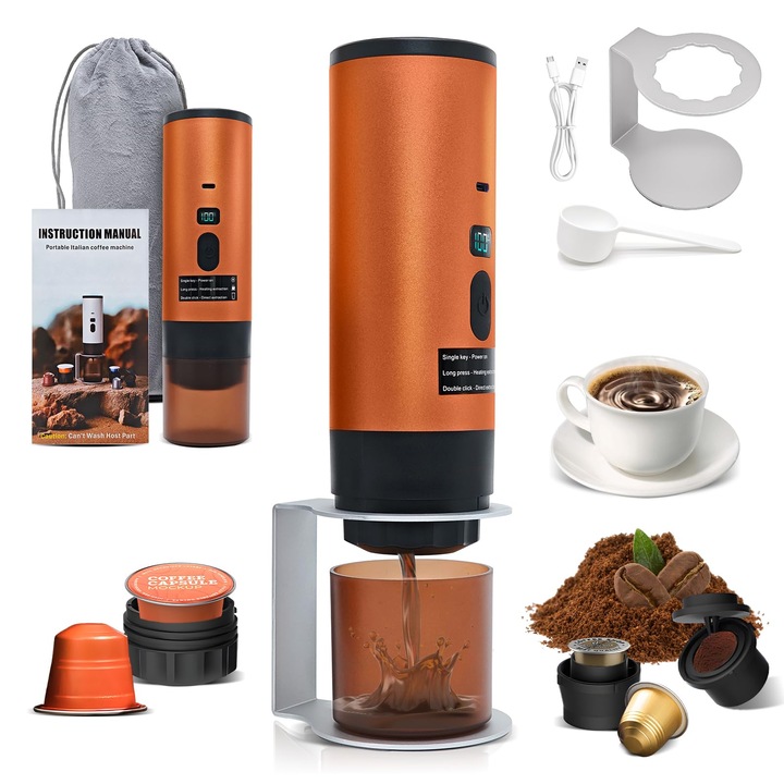 Cafetieră portabilă RoserRose, wireless, autoincălzire, portocalie, 7800mAh