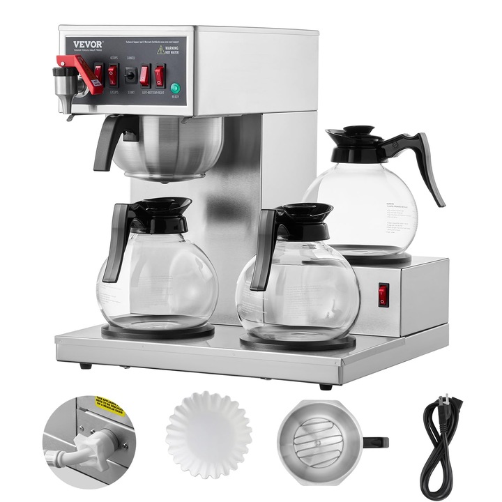 Cafetieră comercială Vevor, 12 cești, 3 carafe de sticlă, 3 plăci de încălzire, inox, 1.5l