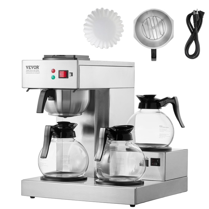 Cafetieră comercială VEVOR, 12 cani, 3 carafe de sticlă, inox, automată