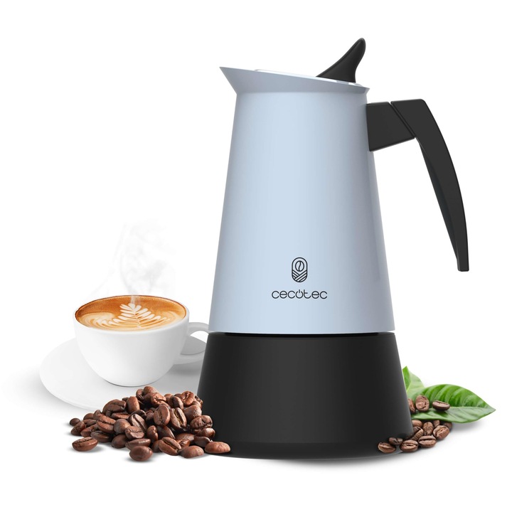 Cafetieră Italiană Cecotec Piccolina 600, 300ml, 6 cești, albastră, design elegant din oțel