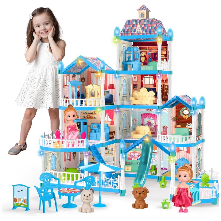 Къща за кукли, MOROVAN, дърво, с 4 етажа, 12 стаи, Мечтана къща, Кученце, Палми, Включени много мебели, за деца, Височина 66 см, синя