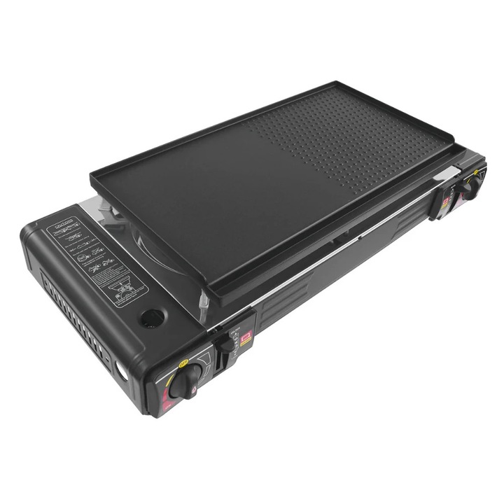 Kemping gázfőző 2 égővel és grillsütővel, hordozható grillsütő kültéri főzéshez, fekete