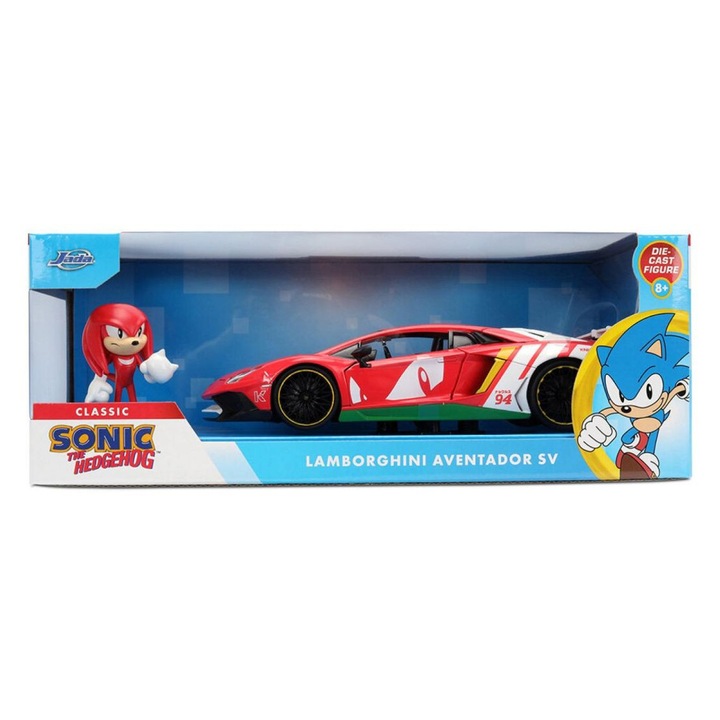 Комплект фигурка Jada Toys Sonic с метална количка Lamborghini Aventador SV, многоцветен, мащаб 1:24