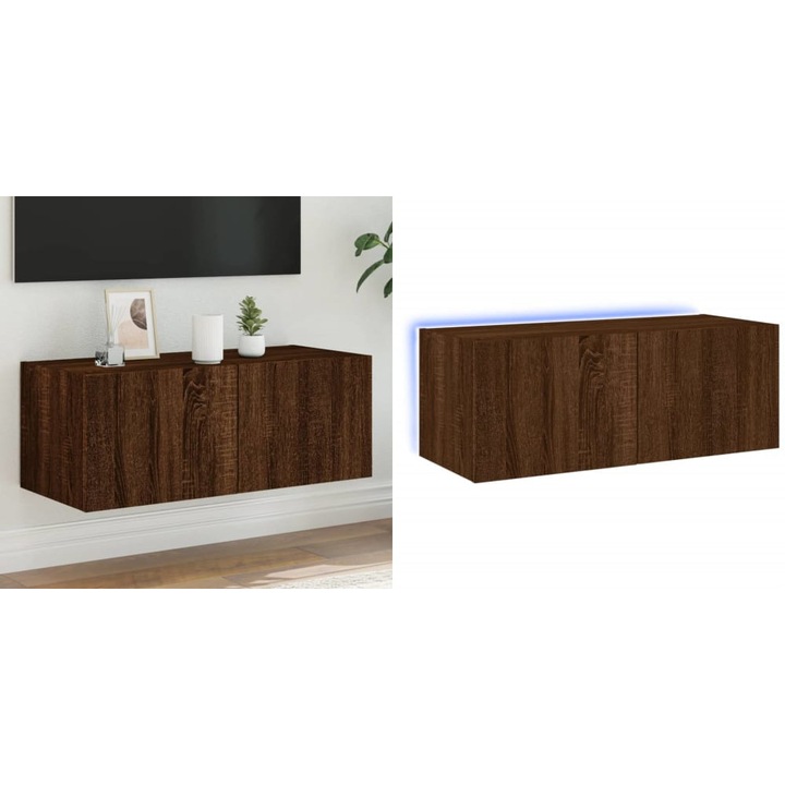 Comoda TV de perete cu lumini LED, stejar maro, 80x35x31 cm