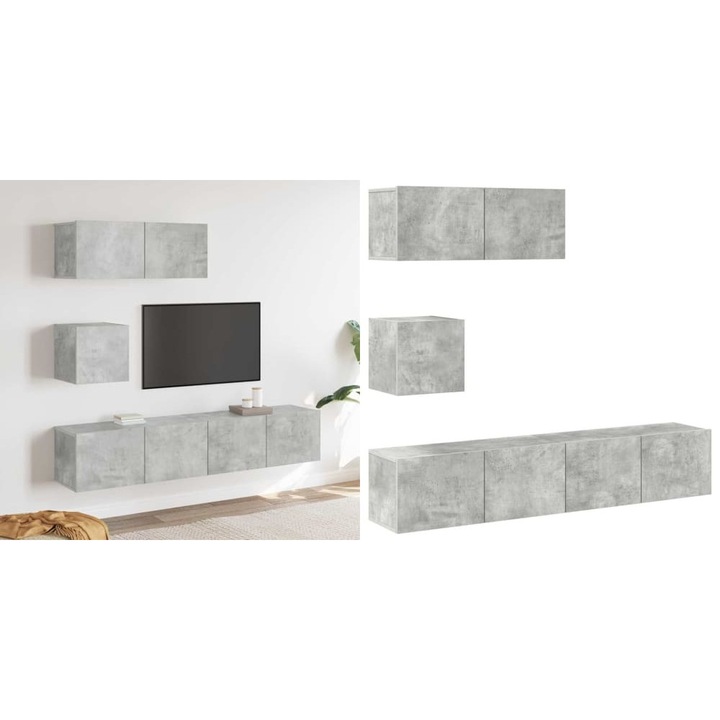 Set dulap TV, 4 piese, gri beton, lemn prelucrat