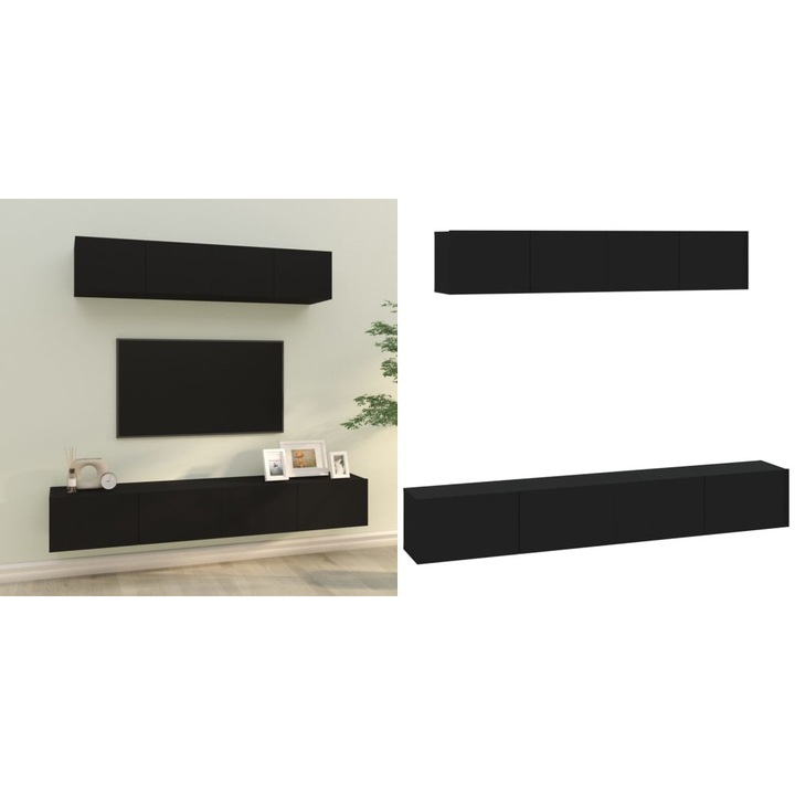 Set dulap TV, 4 piese, negru, lemn prelucrat